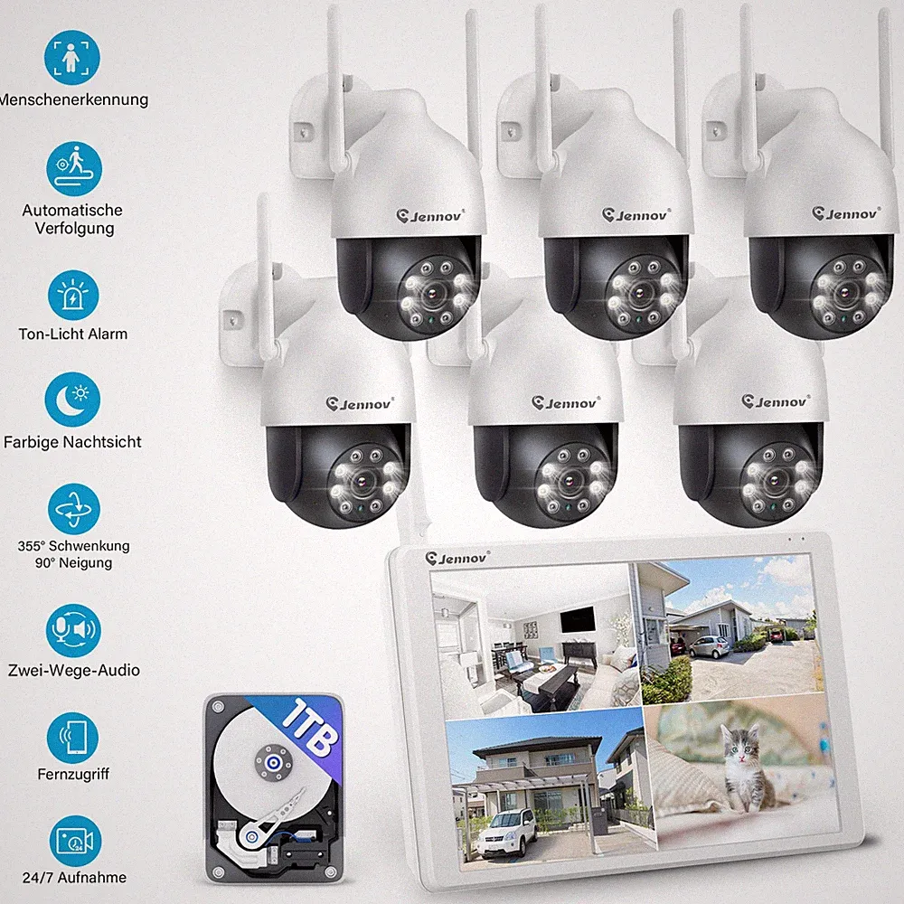 10 Kanäle WLAN Monitor 6x Außen 5MP Funk IP Überwachungskamera Set 1TB HDD Audio