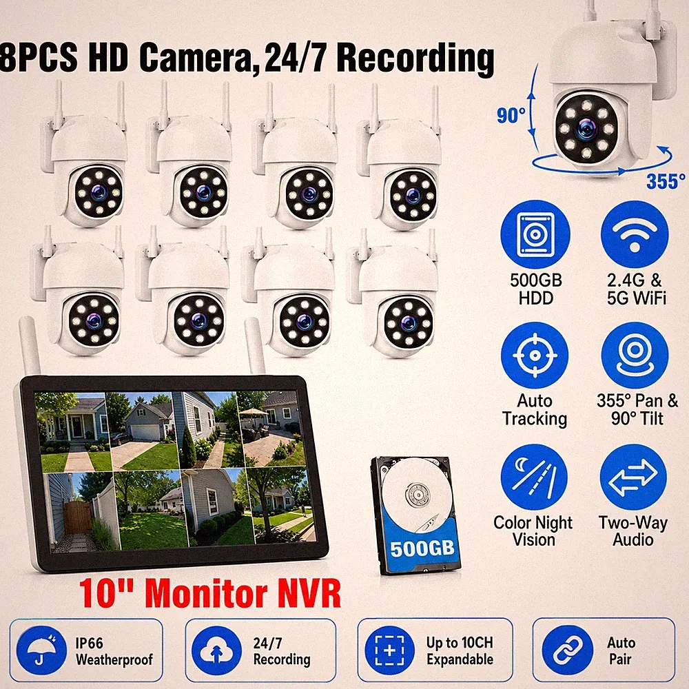 10CH 4K NVR 8Pcs WiFi Kameras Überwachungskamera Set Aussen WLAN mit 10''Monitor