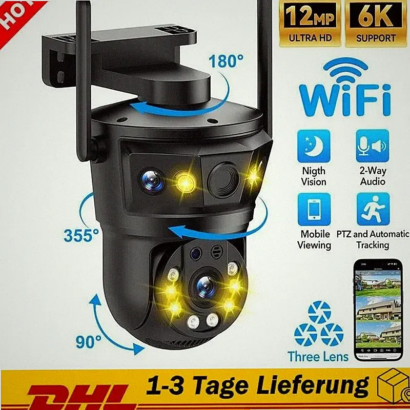 12MP 6K 360°FUNK WLAN WIFI IP NETZWERK CAMERA Outdoor AUßEN ÜBERWACHUNGSKAMERA