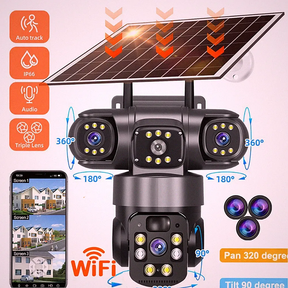 12MP WLAN Solar Überwachungskamera Aussen Akku IP Kamera Nachtsicht 3objektiv