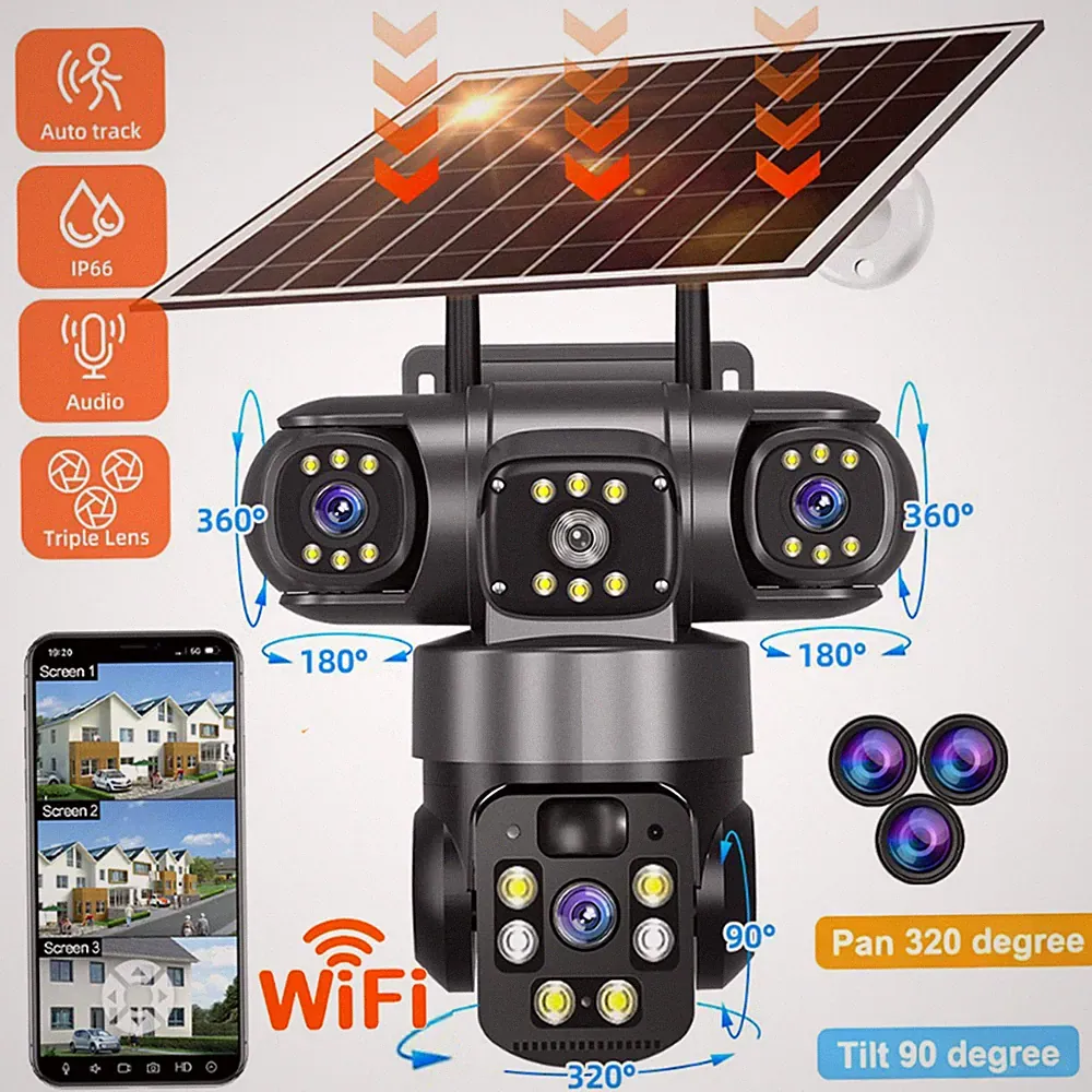 12MP WLAN Solar Überwachungskamera Aussen Akku IP Kamera Nachtsicht 3objektiv
