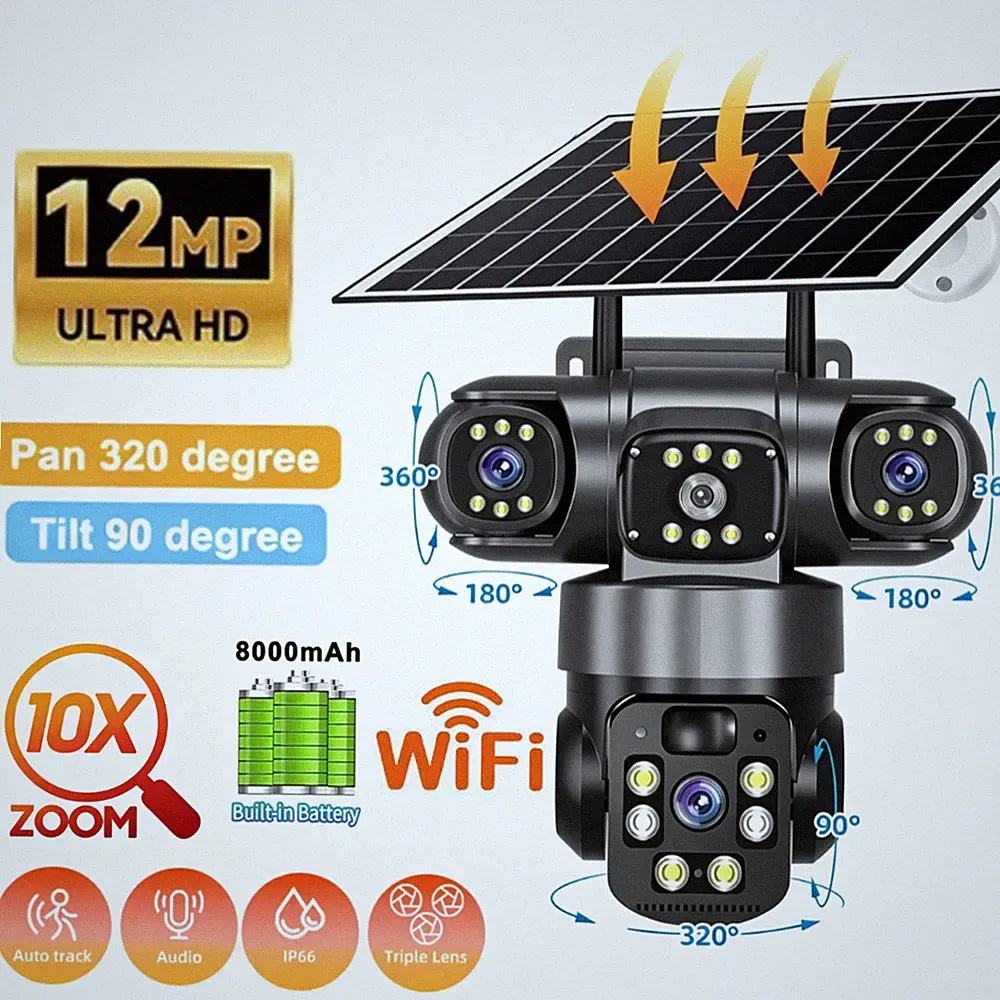 12MP WLAN Solar Überwachungskamera IP Außen PTZ CCTV Bewegungserkennung DE