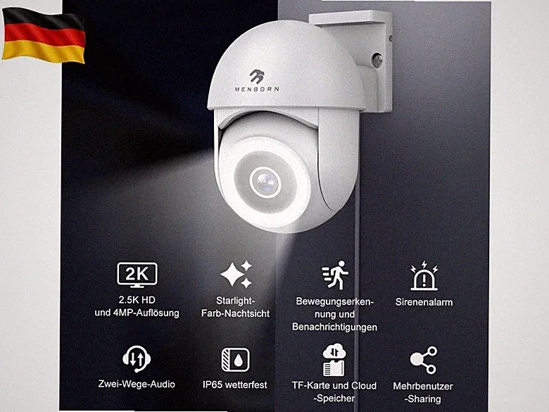 2,5K Überwachungskamera Aussen, 2,4/5GHz Kamera Überwachung mit Flutlicht, 360°