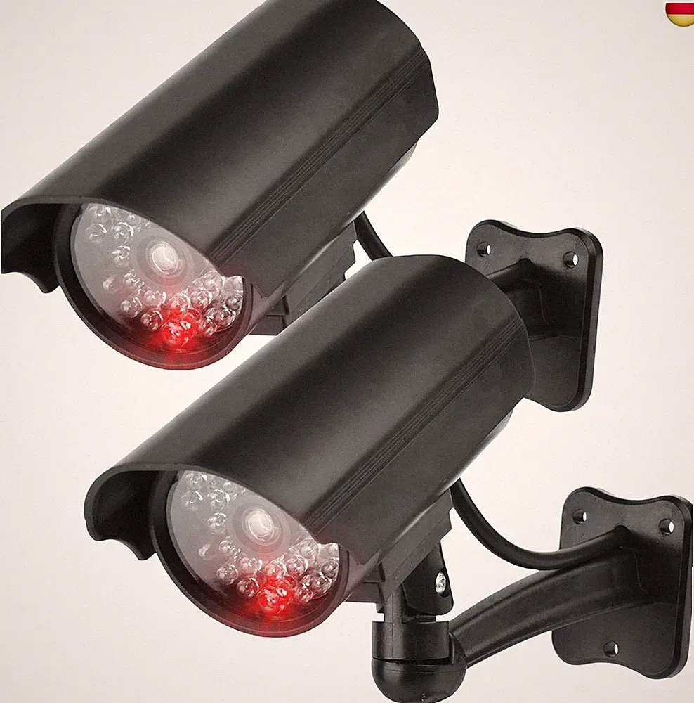 2 Stück Kamera Atrappe Außen, Fake Sicherheitskamera mit Rot Blinkender LED, Übe
