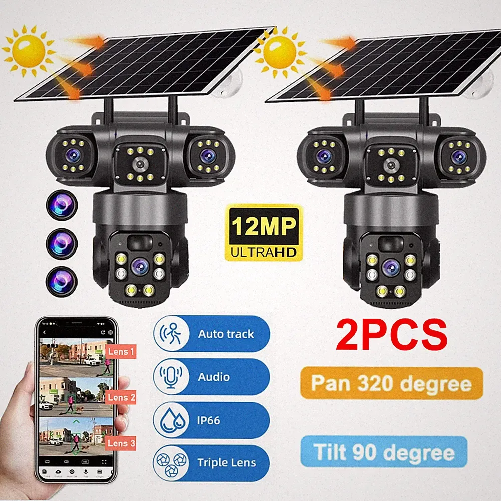 2x 12MP Solar Kamera funk Überwachungskamera Außen PTZ CCTV WIFI Nachtsicht