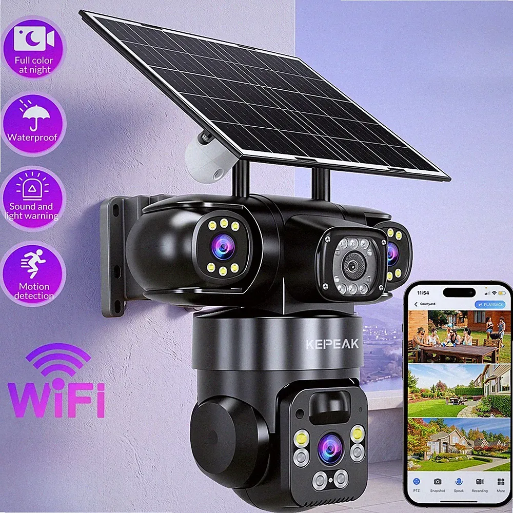 3 Objektiv Solar WLAN Überwachungskamera Aussen Akku 9MP PTZ IP66 PIR Nachtsicht