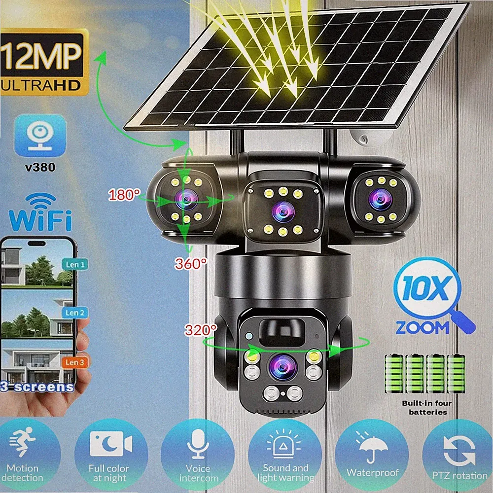 3 Objektive HD Solar Überwachungskamera Aussen WiFi Akku PTZ IP Kamera 10X Zoom