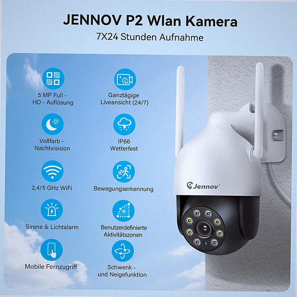360° Funk WLAN WiFi 5MP IP Netzwerk Kamera Outdoor Außen PTZ Überwachungskamera