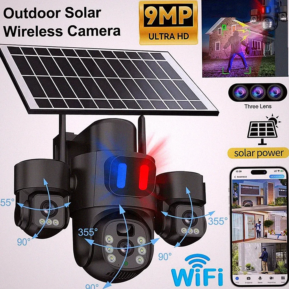 360° Überwachungskamera Solar Außen IP66 mit Akku Aussen Kabellose IR Kamera 9MP