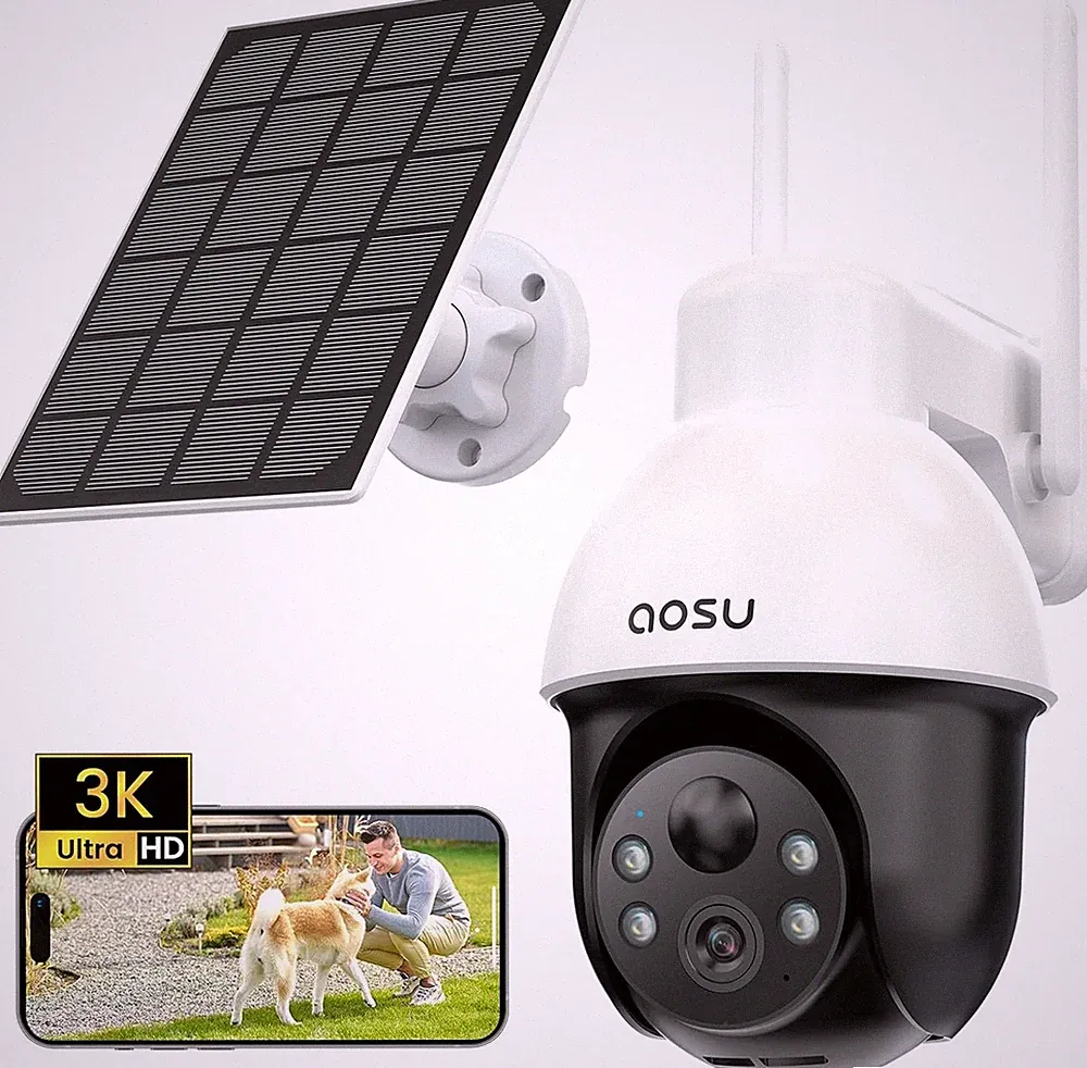 3K Überwachungskamera Aussen Solar, 5MP 360° Panoramisches PTZ Kabellose