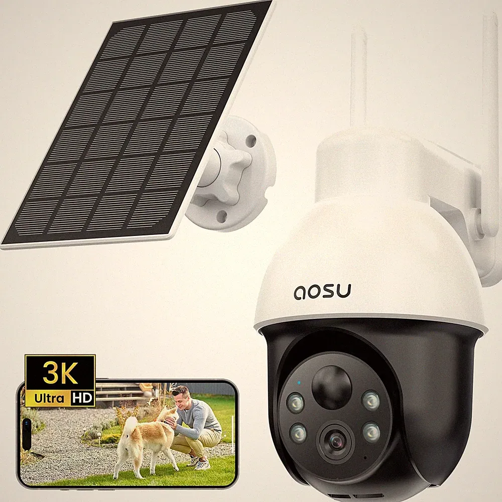3K Überwachungskamera Aussen Solar, 5MP PTZ mit Farb-Nachtsicht, 360 Schwenken