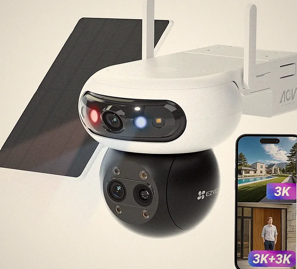 3K Überwachungskamera Triple-Objektiv Outdoor kabellos, 360°, KI Mensch Fahrzeug Erkennung