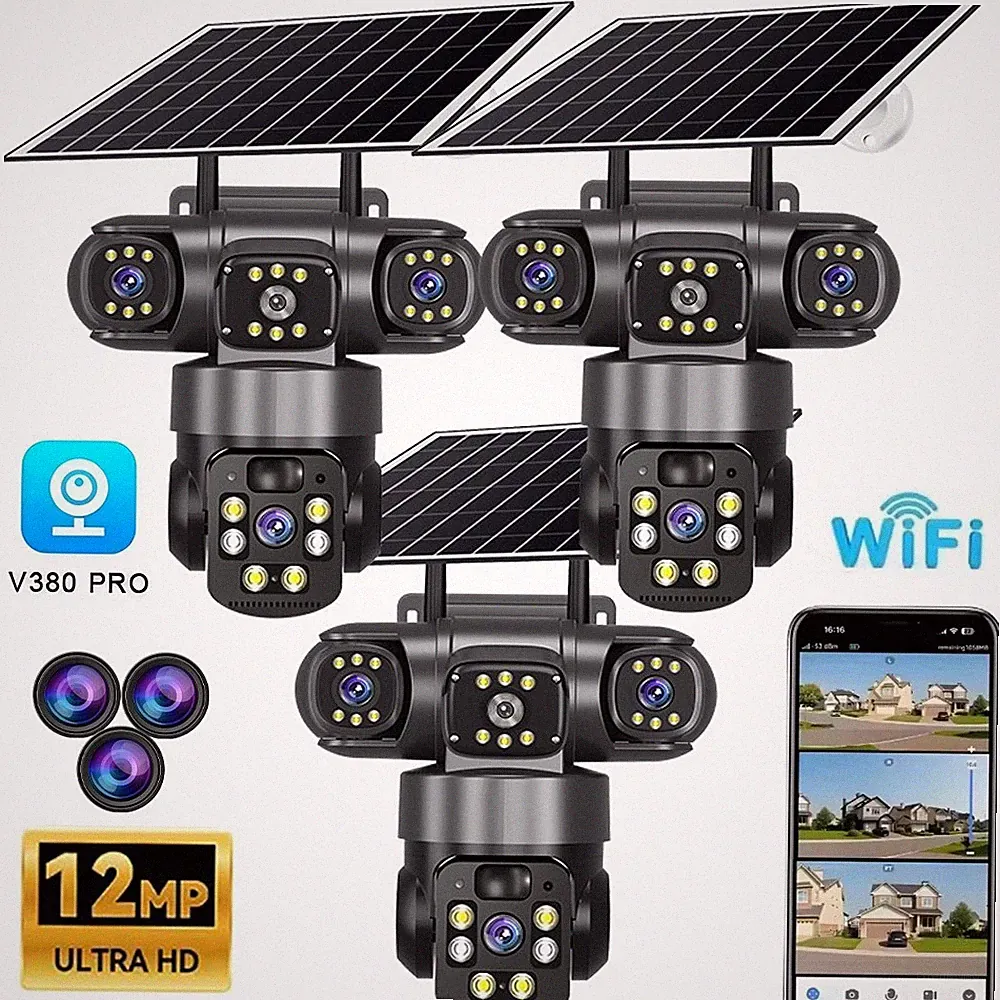 3X12MP Überwachungskamera Außen Solar WLAN Kabellos IP Kamera Akku PTZ IP66 CCTV