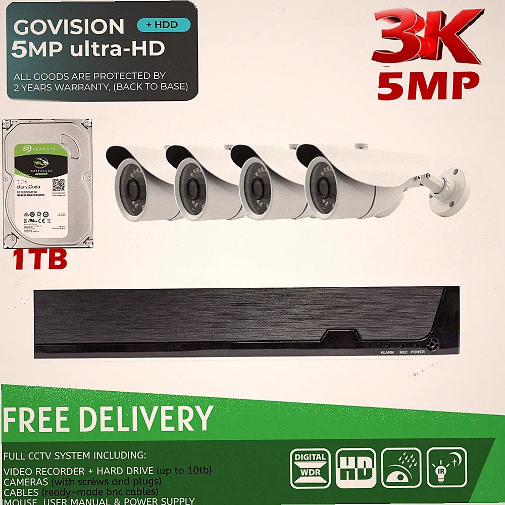 4-KANAL 3K 5MP SMART CCTV KAMERASYSTEM ZUHAUSE AUSSENBEREICH SICHERHEIT DVR 1 TB FESTPLATTENSET