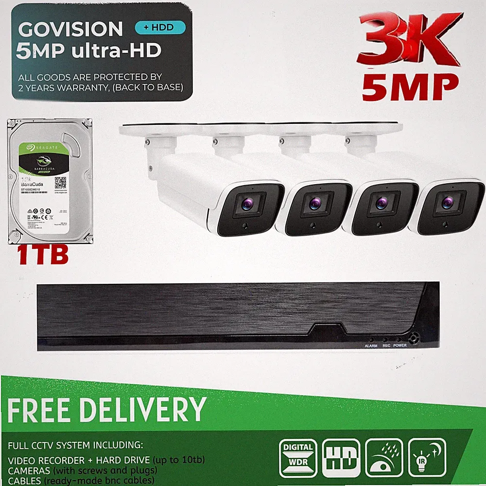 4-KANAL 3K 5MP SMART CCTV NACHTSICHT KAMERASYSTEM ZUHAUSE AUSSENBEREICH SICHERHEIT 1 TB KIT