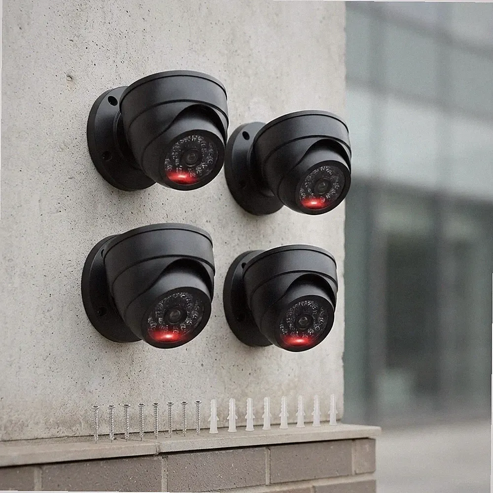 4 Stück gefälschte Überwachungskameras mit blinkenden roten LED - realistischer Innen-/Außenbereich