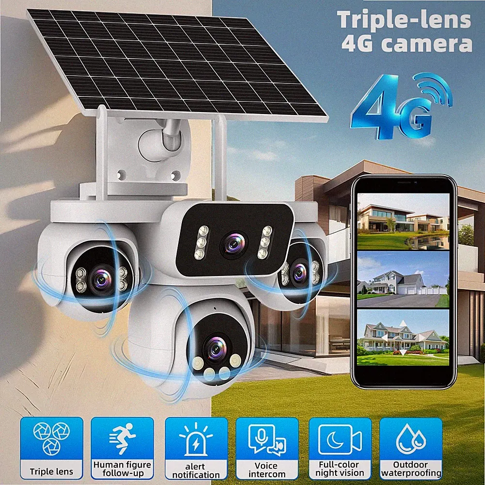 4G LTE Solar Überwachungskamera Aussen Akku SIM 3 Linsen PTZ Outdoor Kamera IP66