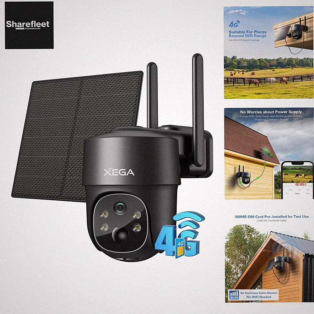 4G LTE Überwachungskamera Aussen Solar mit SIM Karte - 2K HD 3MP PTZ Kabellos...