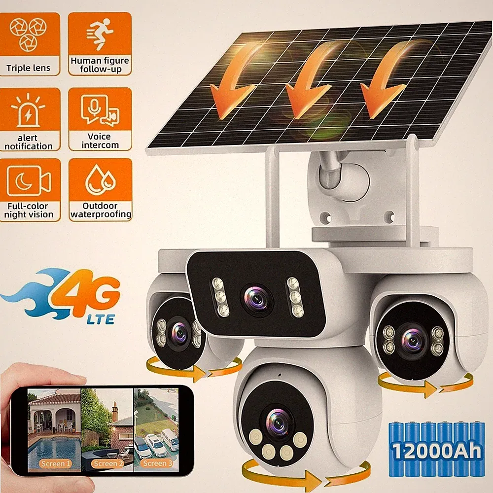4G Solar Überwachungskamera 3 Linsen 360° Akku WLAN Aussen IP66 Nachtsicht PTZ