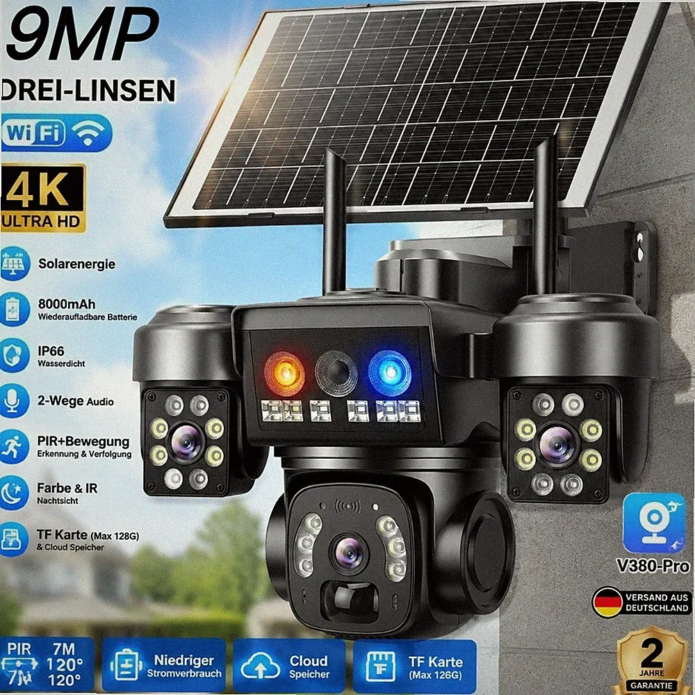 4K 9MP PTZ Solar WLAN Überwachungskamera Aussen Akku WiFi Kamera 3-Linsen IP66