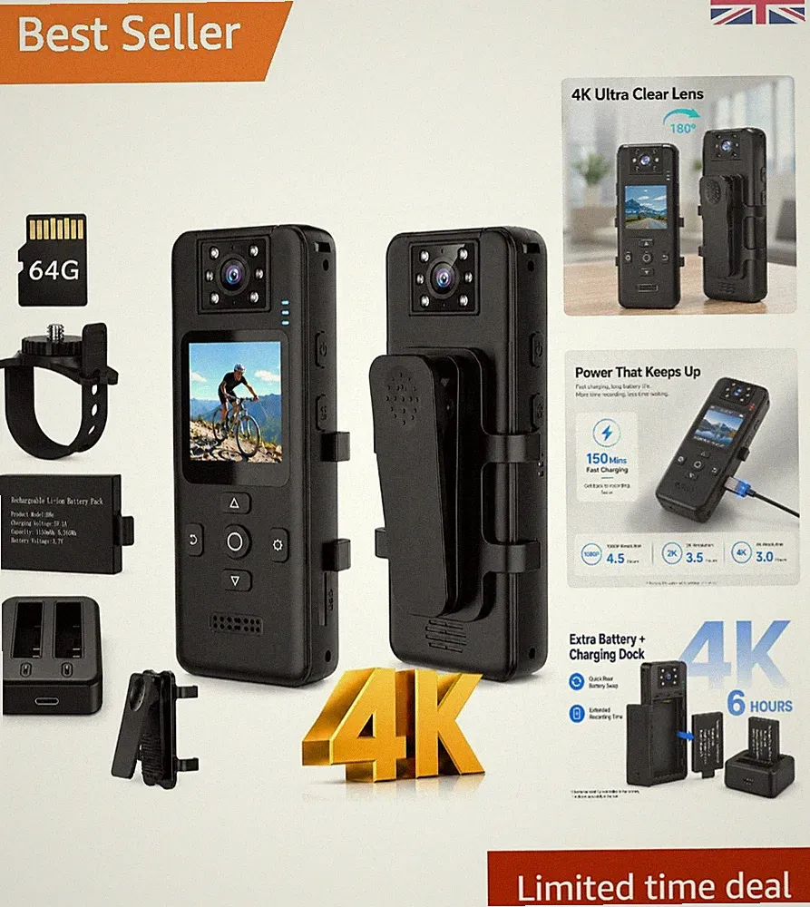 4K Body Kamera mit Audio und Video, Mini Body Cam mit 180° drehbarem Objektiv,...