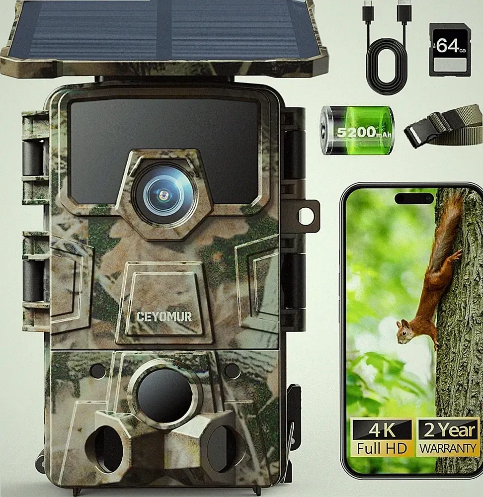 4K Solar Wildkamera WLAN mit Handyübertragung, 60 MP, 850-nm-IR-LEDs, Tarnung