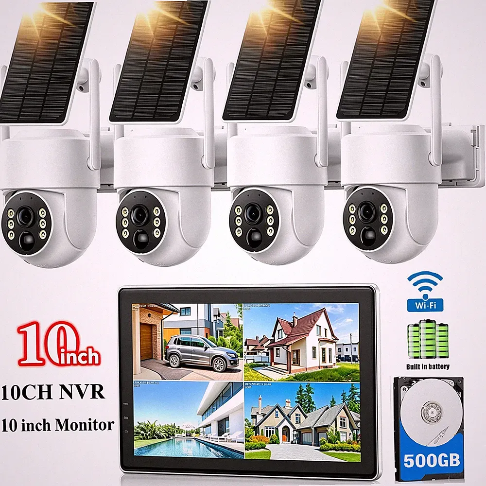 4MP Solar Überwachungskamera Set Außen 4 Kamera WLAN 10" Monitor NVR 500GB IP66