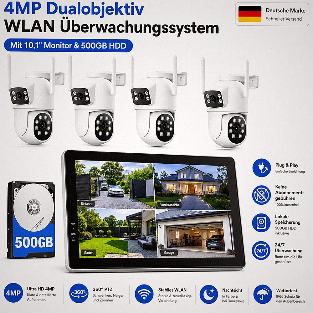4MP WLAN Überwachungssystem Set 10CH 4K NVR Monitor 500GB HDD PTZ Kameras Außen