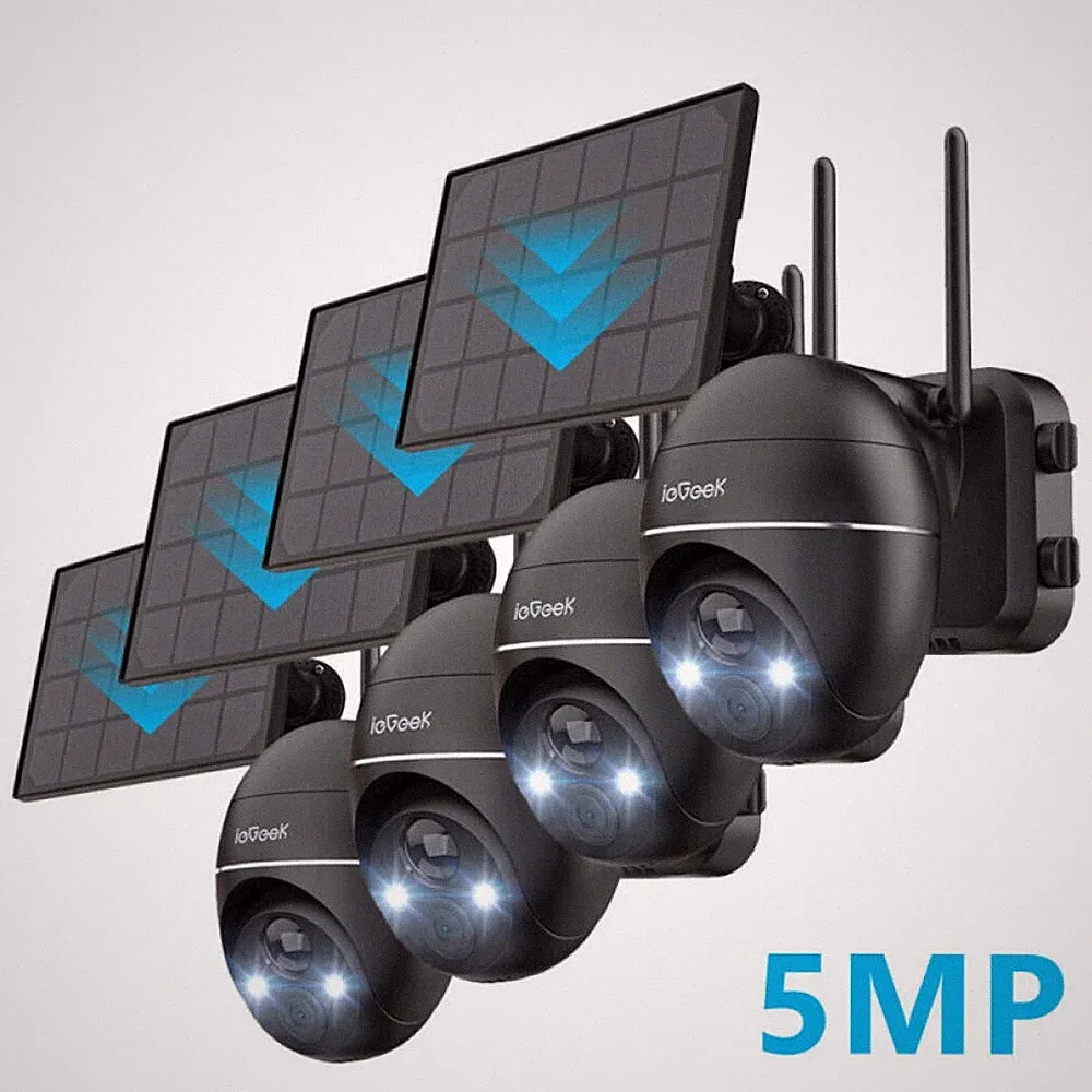 4Stk ieGeek 5MP Überwachungskamera Aussen Akku WLAN Solar Nachtsicht PIR PTZ355°