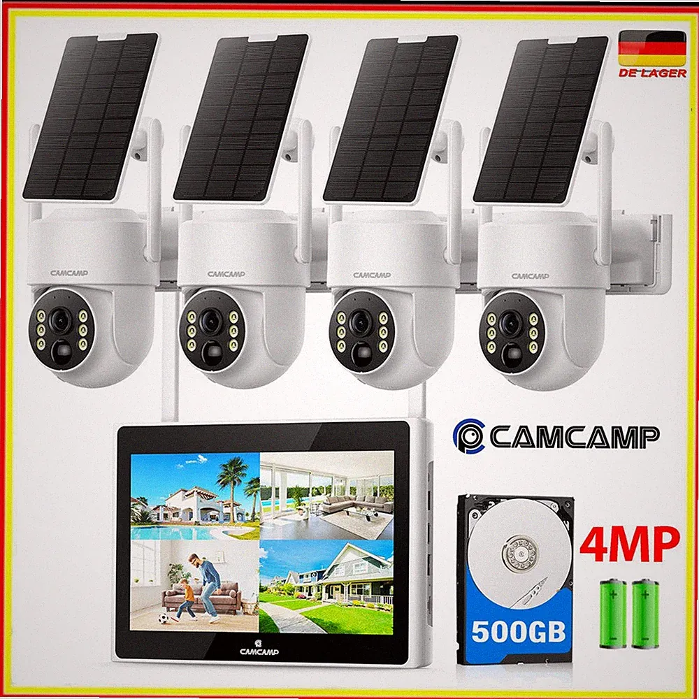 4X 4MP Solar Überwachungskamera Außen PTZ WLAN mit 10 zoll Monitor NVR 500GB HDD