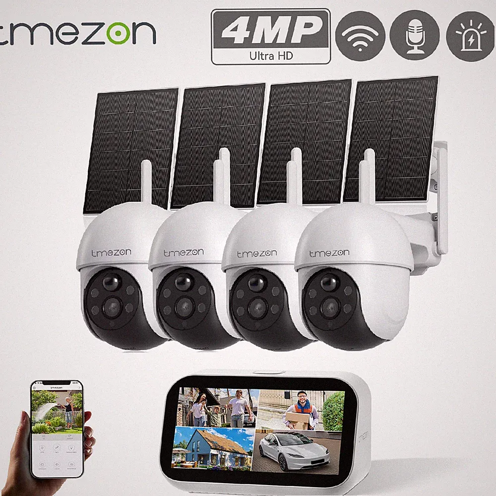 5G 4MP WLAN Solar Funk Überwachungskamera Set Außen Akku PTZ 4.3'' Monitor NVR