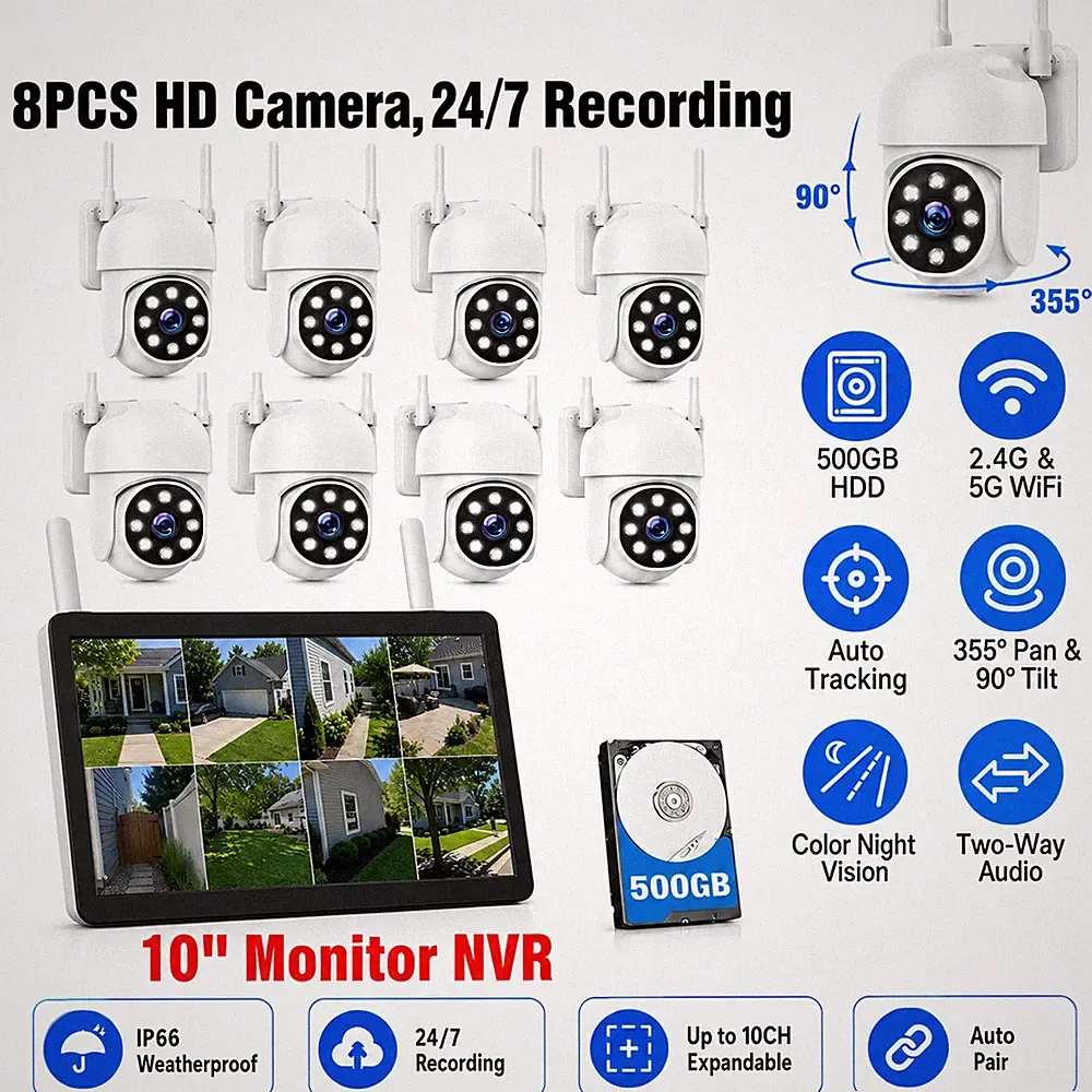 5G Überwachung Kamera Set Außen Wlan 10 Kanäle NVR 10" Monitor Zwei-Wege-Audio