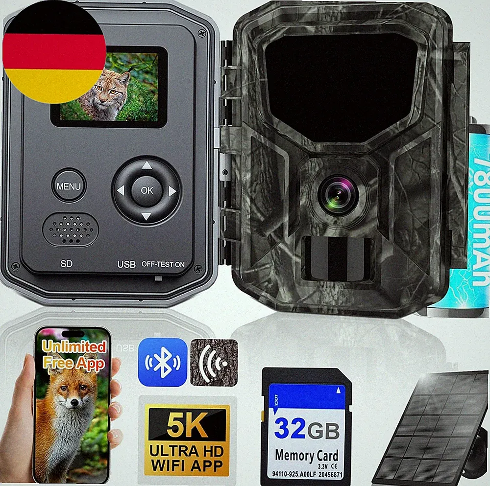 5KB Wildkamera Solar, 5K/64MP HD Wildkamera WLAN Mit Handyübertragung App | Wied