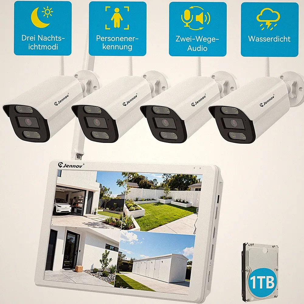 5MP IP Überwachungskamera Set AUßEN Videoüberwachung Monitor Funk WLAN 1TB HDD