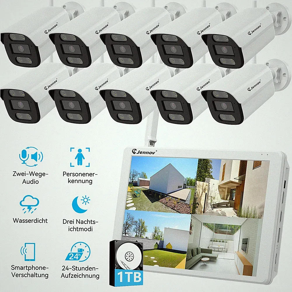 5MP WLAN Überwachungskamera Set Aussen mit 10" Monitor 10CH 1TB 10X CCTV Kameras