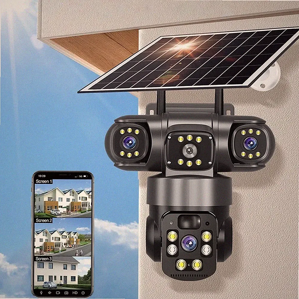 6MP 4G SIM Solar Überwachungskamera IP Außen 4 Objektive PTZ CCTV Bewegungserken