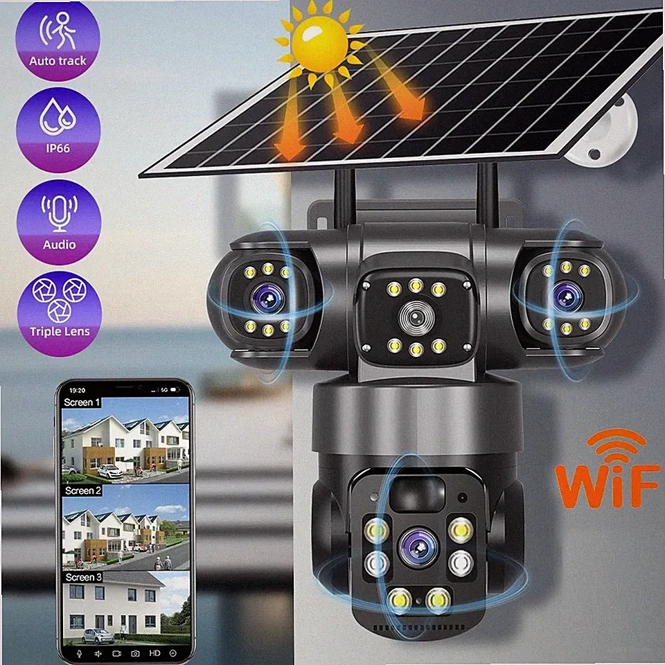 6MP 4G SIM Solar Überwachungskamera IP Außen 4 Objektive PTZ CCTV Bewegungserken