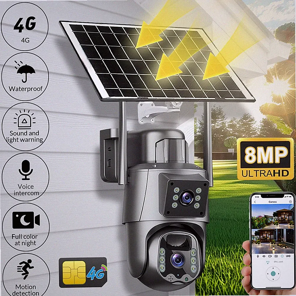 8MP 4G Solar Überwachungskamera IP Außen 2 Objektive PTZ CCTV Bewegungserkennung