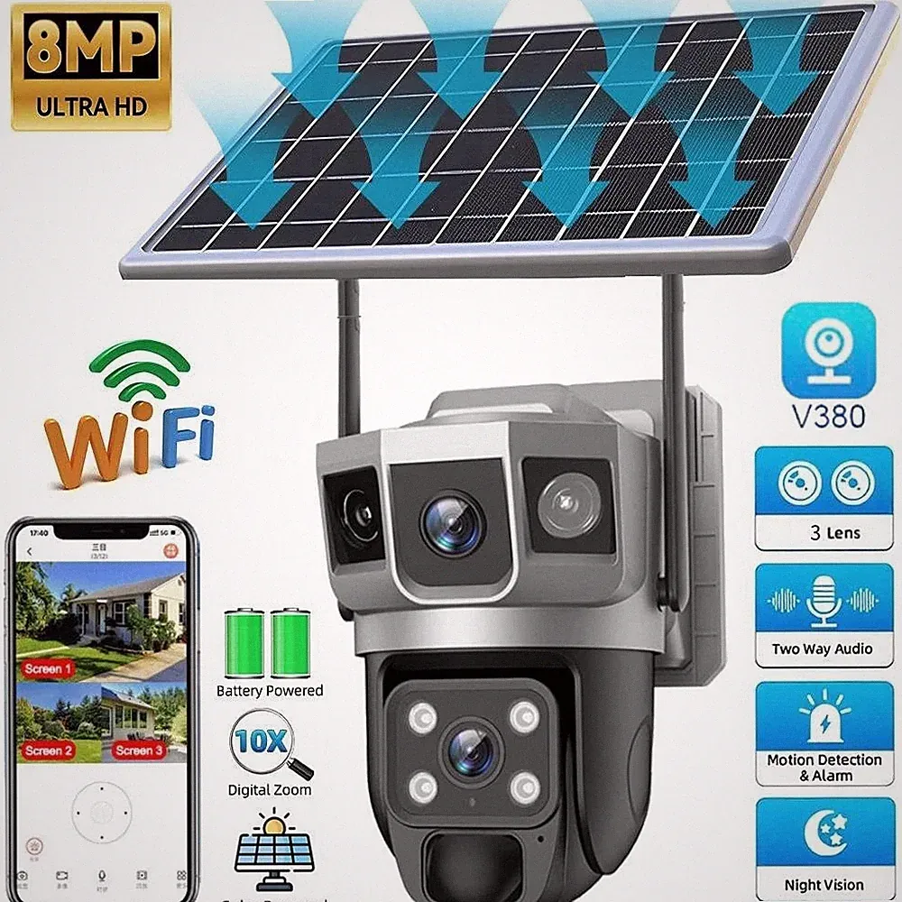 8MP Solar Kamera FUNK ÜBERWACHUNGSKAMERA Outdoor WLAN WIFI IP CAMERA Set AUßEN