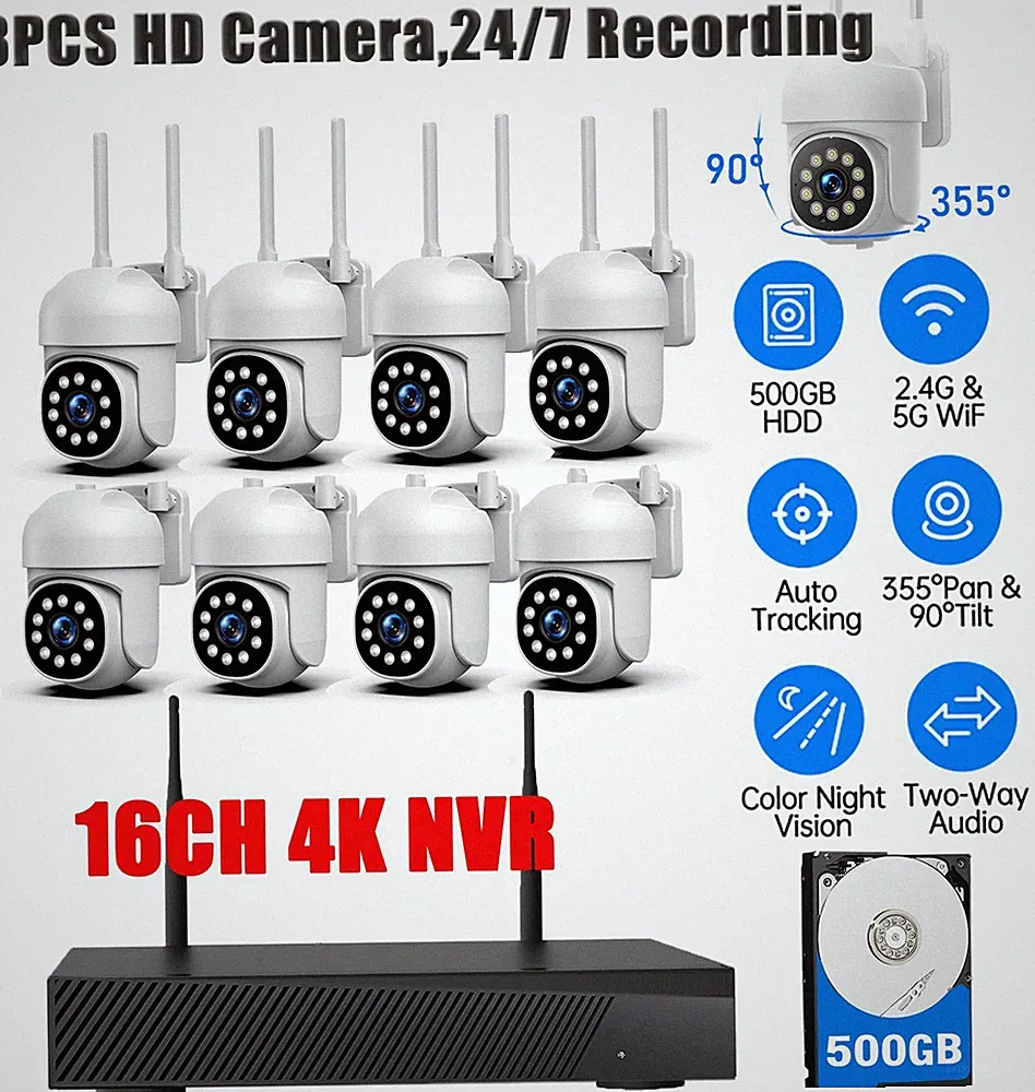 8X PTZ Kameras &16CH 4K NVR WLAN FUNK Überwachungskamera Set Außen App Steuerung