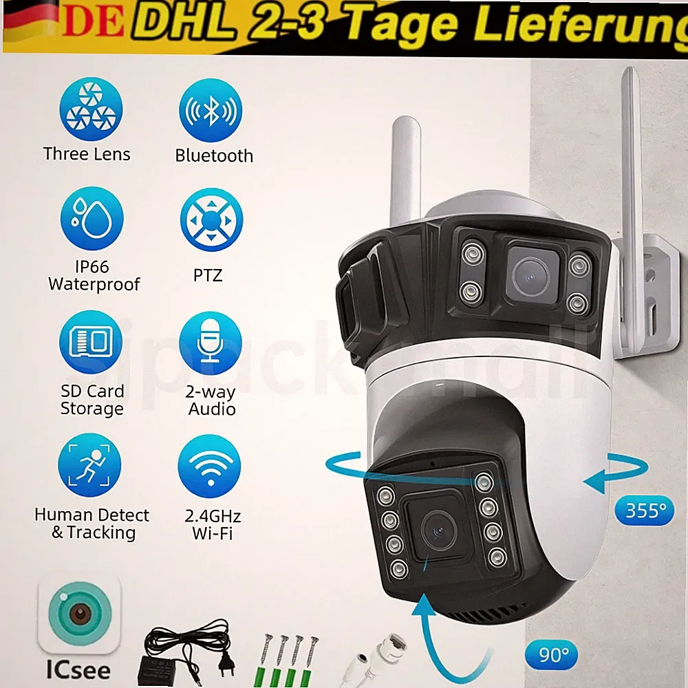 9MP Überwachungskamera Aussen 8X ZOOM WLAN PTZ 4K WiFi IP Kamera Outdoor Alert