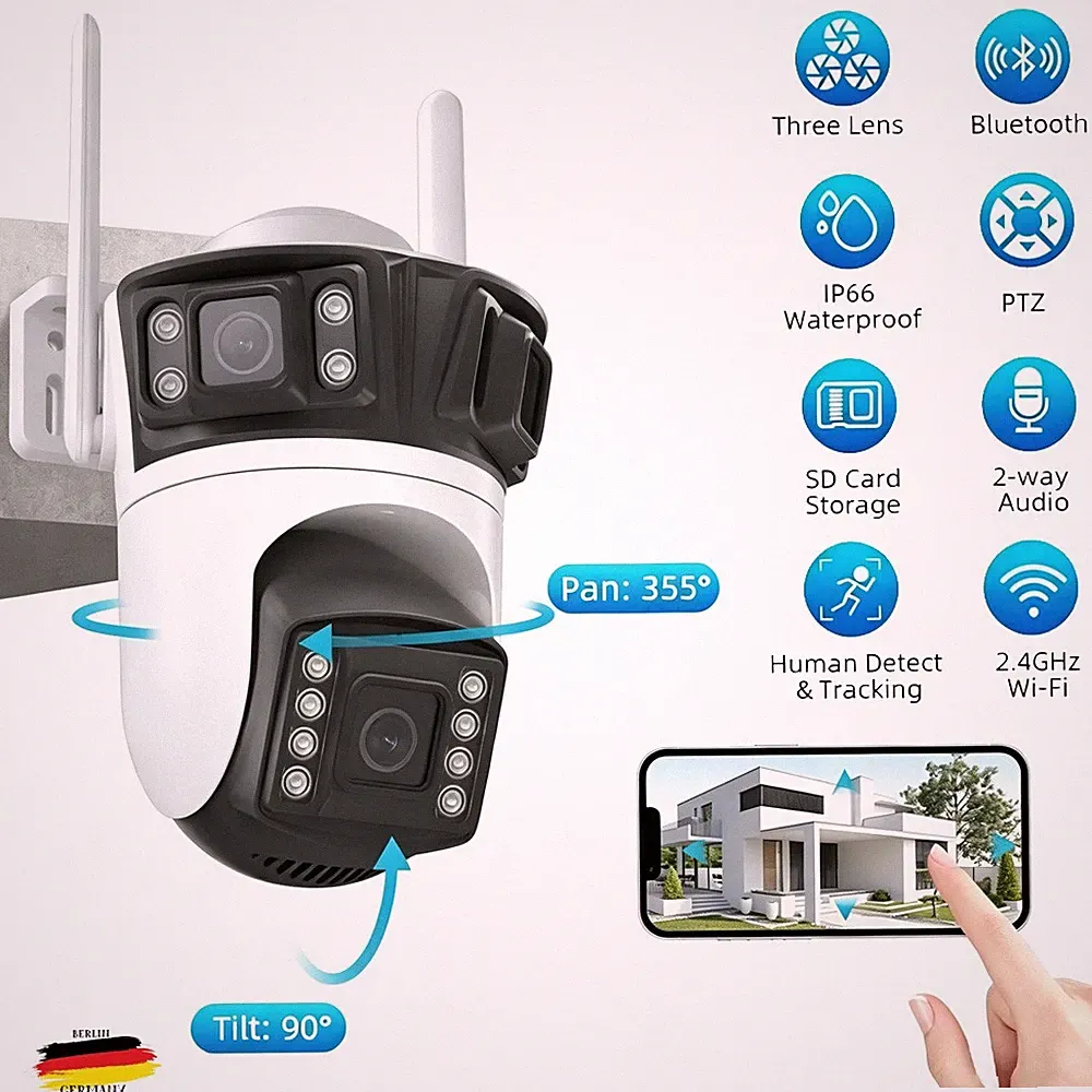 9MP Überwachungskamera Aussen 8X ZOOM WLAN PTZ 4K WiFi IP Kamera Outdoor Alert