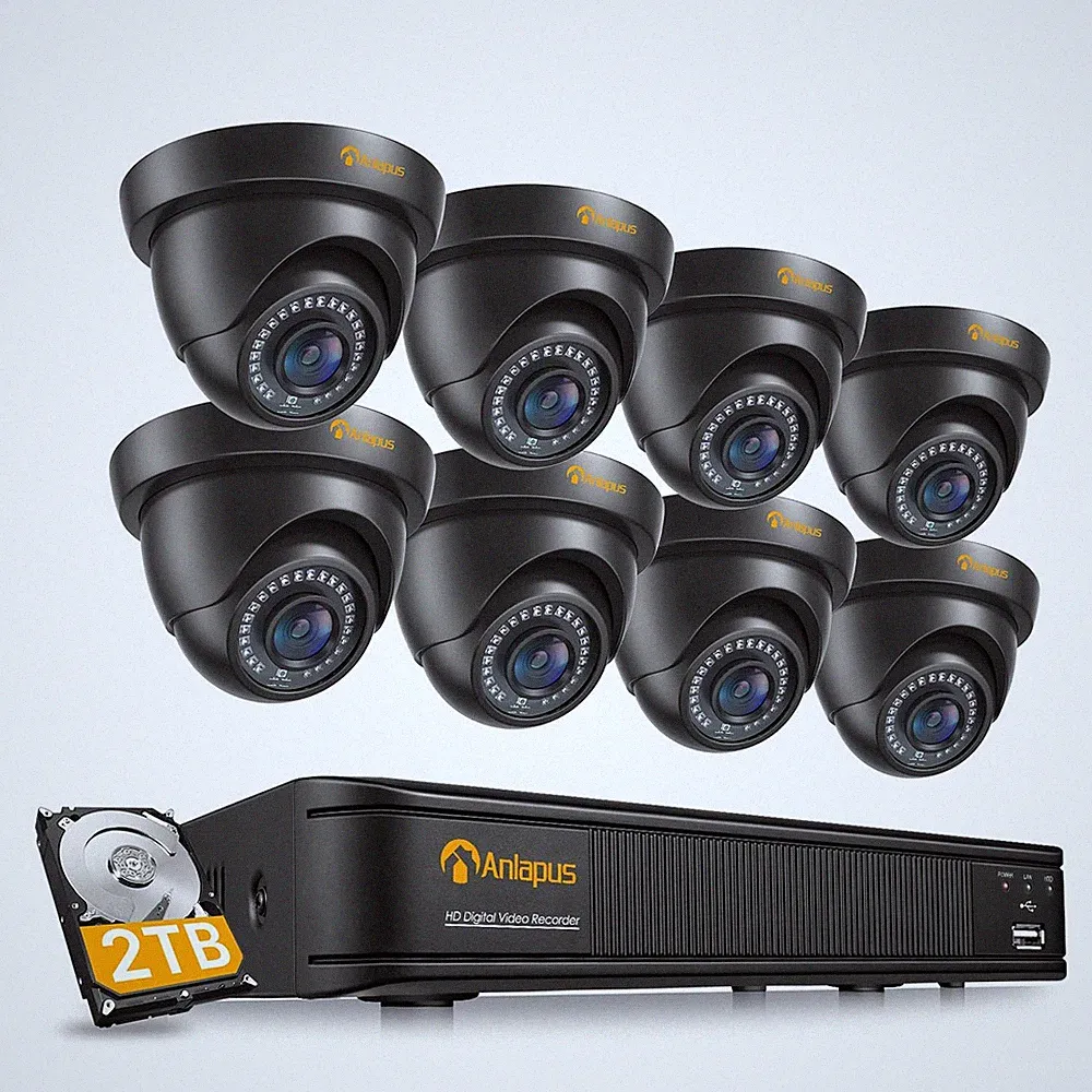 Anlapus 8CH 1080P Überwachungskamera Set Außen 2TB DVR 8x CCTV Schwarz Kamera IR
