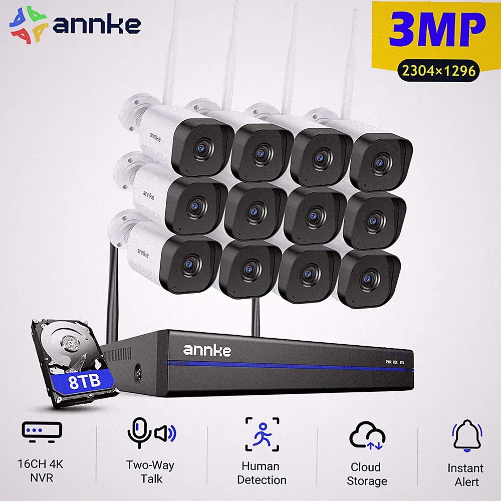 ANNKE 16CH 2K WLAN IP ÜberwachungsKamera Außen 8MP NVR 2-Wege-Audio Fernzugriff