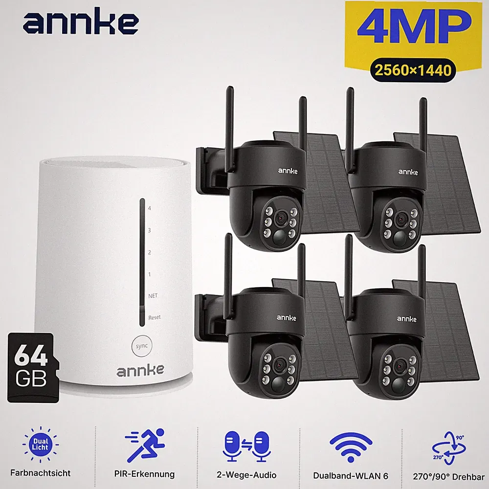ANNKE 4MP PT Sloar/Akku Überwachungskamera Aussen Home Hub Set Farbnachtsicht