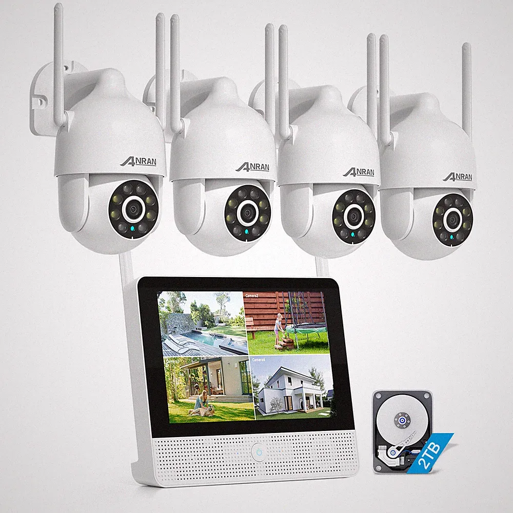 ANRAN WLAN Monitor 4x Außen 5MP Funk IP Überwachungskamera Set 2TB HDD Home IP65