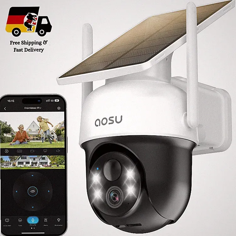 AOSU 2K Überwachungskamera Außen Solar 3MP 360 Bewegungserkennung Schwarz Weiß