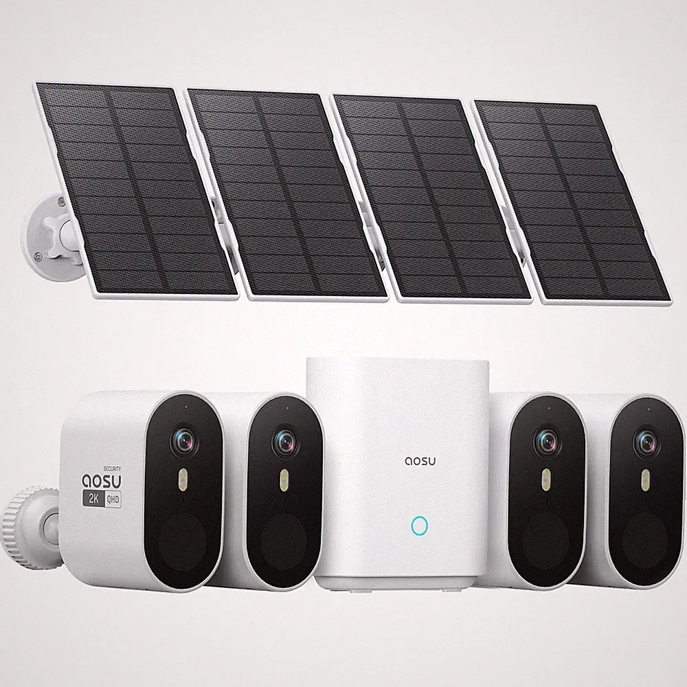 aosu 2K Überwachungskamera Aussen Solar Akku 4er Kamera*4 + aosuBase, Weiß