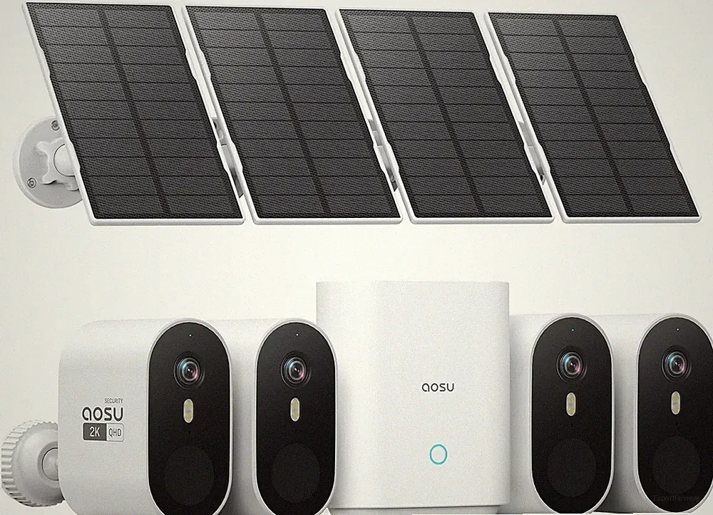 aosu 2K Überwachungskamera Aussen Solar Akku Kit, 32G Lokal, Farb-Nacht | 4 Cam