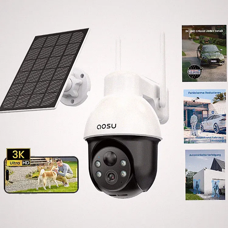 Aosu 3K Überwachungskamera Aussen Solar, 5MP PTZ, 360 Farbige Nachtsicht, 360